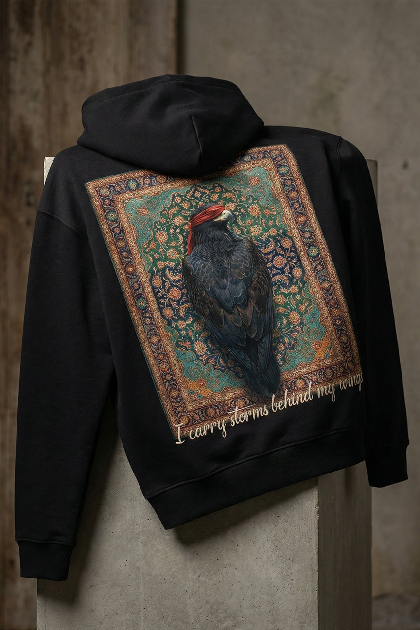 Blindfolded Eagle Arabic Art Hoodie! I Carry Storms Behind My Wings