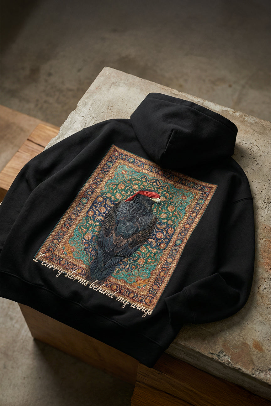 Blindfolded Eagle Arabic Art Hoodie! I Carry Storms Behind My Wings
